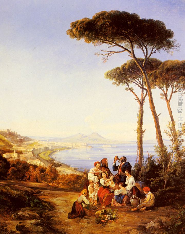A Group Of Peasants With The Bay Of Naples Beyond painting - Consalvo Carelli A Group Of Peasants With The Bay Of Naples Beyond art painting